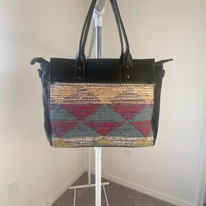 Myra Bag Black Tote with Multicolor Woven Front